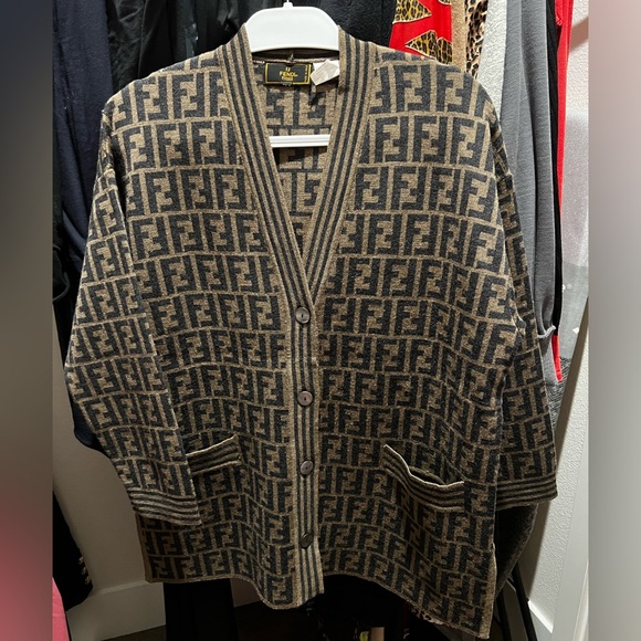 SOLD! FENDI Vintage Wool Zucca Monogram Logo Cardigan Brown - Picture 1 of 9